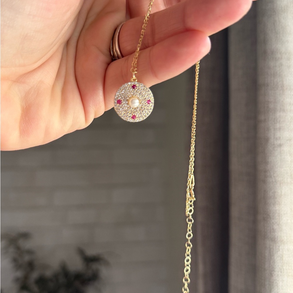 New Freida Rothman 925 Sterling Gold plated crystal and pearl Pendant Necklace - Picture 3 of 4